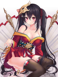 Rule 34 | 1girl, absurdres, ahoge, azur lane, bare shoulders, black hair, black thighhighs, blush, breasts, cleavage, clothes lift, collarbone, feather trim, hair between eyes, hair ribbon, highres, japanese clothes, kimono, large breasts, lifted by self, long hair, looking at viewer, mask, mask on head, nowsicaa, open mouth, pleated skirt, red eyes, red kimono, ribbon, rigging, sitting, skirt, skirt lift, solo, taihou (azur lane), thighhighs, thighs, twintails, very long hair, yokozuwari