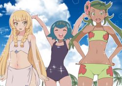 Rule 34 | 3girls, :d, ^ ^, armpits, arms at sides, arms up, bare arms, bare shoulders, bikini, bikini top only, blonde hair, blue hair, blue one-piece swimsuit, blue sky, braid, closed eyes, cloud, cowboy shot, creatures (company), dark-skinned female, dark skin, day, facing viewer, flower, game freak, green bikini, green eyes, green hair, greyscale, hair flower, hair ornament, hairband, halterneck, hands on own hips, headband, kswazza, lana (pokemon), lillie (pokemon), long hair, low twintails, mallow (pokemon), monochrome, multiple girls, navel, nintendo, one-piece swimsuit, open mouth, outdoors, pokemon, pokemon (anime), pokemon sm (anime), round teeth, sarong, school swimsuit, short hair, sky, smile, sparkle, standing, stomach, straight hair, swept bangs, swimsuit, teeth, twin braids, twintails, very long hair, white bikini, yellow hairband