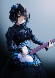 Rule 34 | 1girl, bass guitar, black bow, black dress, black hair, blue background, blue flower, blue rose, bow, breasts, brown eyes, chromatic aberration, collared dress, dress, eyebrows hidden by hair, fingernails, flower, hair flower, hair ornament, hasisisissy, head tilt, highres, holding, holding instrument, instrument, layered sleeves, long sleeves, looking at viewer, original, parted lips, puffy short sleeves, puffy sleeves, rose, short hair, short over long sleeves, short sleeves, small breasts, solo