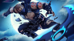 Rule 34 | 1boy, abs, arm tattoo, bara, bare pectorals, belt, biceps, blonde hair, brown hair, chest plate, cloud, cloudy sky, covered mouth, fingerless gloves, fishnets, floating, fundoshi, gauntlets, gloves, gyee, hakama, highres, injury, japanese clothes, leg armor, loincloth, male focus, male underwear, male underwear peek, manly, mask, mature male, moon, multicolored hair, muscular, muscular male, night, night sky, nipples, official art, pectorals, purple eyes, rudolf (gyee), scar, scar across eye, scar on face, scarf, scroll, shuriken, sky, solo, spiked hair, tattoo, thick arms, thick eyebrows, thick thighs, thighs, throwing, torn clothes, underwear, weapon, zifu