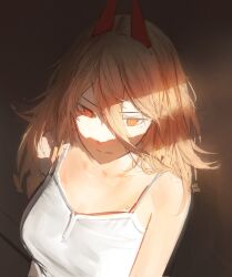 Rule 34 | 1girl, blonde hair, camisole, chainsaw man, cross-shaped pupils, hair between eyes, highres, light rays, long hair, looking at viewer, niroxin, power (chainsaw man), red eyes, solo, sunbeam, sunlight, symbol-shaped pupils, white camisole