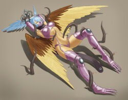 Rule 34 | 1girl, absurdres, armpits, arms up, bikini, black scarf, blue hair, bound, bound wrists, breasts, claws, closed eyes, commentary request, commission, covered erect nipples, digimon, digimon (creature), feathered wings, full body, garter straps, gauntlets, gloves, hair between eyes, hair wings, highres, kazukida, leaf, long hair, mask, medium breasts, mouth mask, navel, navel insertion, pixiv commission, plant, purple bikini, purple footwear, purple gloves, restrained, ryona, scarf, shadow, shoulder pads, shutumon, sidelocks, simple background, skindentation, solo, stomach, sweat, swimsuit, thigh gap, vine bondage, vines, wings