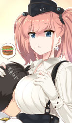Rule 34 | 1boy, 1girl, absurdres, admiral (kancolle), artist name, atlanta (kancolle), between breasts, black hair, black skirt, blue eyes, breasts, brown hair, burger, commentary request, earrings, food, garrison cap, gloves, gradient background, hat, head between breasts, high-waist skirt, highres, jewelry, kantai collection, long hair, long sleeves, military, military uniform, naval uniform, partially fingerless gloves, ryuki (ryukisukune), shirt, short hair, skirt, star (symbol), star earrings, twintails, two side up, uniform, white gloves, white shirt