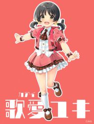 Rule 34 | 1girl, ah-software, ascot, backpack, bag, black hair, blouse, brown eyes, brown footwear, bubble skirt, buttons, collared shirt, flute, frilled shirt, frilled skirt, frilled socks, frills, hair bobbles, hair ornament, highres, instrument, jacket, kaai yuki, kaai yuki (vocaloid4), leg up, low twintails, mary janes, miniskirt, pink jacket, pink skirt, plaid, plaid ascot, plaid skirt, plaid wrist cuffs, puffy short sleeves, puffy sleeves, randoseru, recorder, red background, red bag, ribbon-trimmed socks, second-party source, shirt, shoes, short sleeves, short twintails, skirt, sleeve bow, socks, solo, standing, standing on one leg, twintails, umetani atarou, vocaloid, white socks, wrist bow, wrist cuffs
