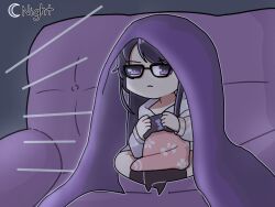 Rule 34 | 1girl, alternate costume, black hair, blue archive, couch, doutilaso, glasses, highres, night, playing games, purple eyes, sitting, solo, twitter