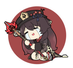 Rule 34 | 1girl, :d, black footwear, black hat, black jacket, brown hair, chibi, closed eyes, commentary request, crying, facing viewer, genshin impact, grey socks, hat, holding, holding polearm, holding weapon, hu tao (genshin impact), jacket, long hair, long sleeves, nyaru (nyaru 4126), open mouth, polearm, red background, red shirt, round image, shirt, shoes, sitting, smile, socks, solo, spear, streaming tears, tears, two-tone background, very long hair, wariza, weapon, white background