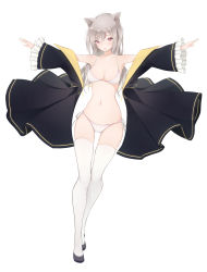 Rule 34 | 1girl, animal ears, bad id, bad pixiv id, black footwear, bra, breasts, collarbone, frilled sleeves, frills, full body, grey hair, highres, long hair, long sleeves, looking at viewer, medium breasts, navel, open mouth, original, outstretched arms, panties, purple eyes, r (curvy), shoes, side-tie panties, simple background, skindentation, solo, spread arms, t-pose, thighhighs, underwear, white background, white bra, white panties, white thighhighs, wide sleeves