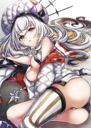 Rule 34 | 1girl, absurdres, ass, bare shoulders, breasts, cleavage, dress, fate/grand order, fate (series), gradient hair, grey hair, hat, highres, jacket, long hair, long sleeves, looking at viewer, lying, marie antoinette (alter) (fate), marie antoinette (alter) (first ascension) (fate), marie antoinette (fate), medium breasts, multicolored hair, off shoulder, okanda, on side, open clothes, open jacket, open mouth, short dress, sidelocks, single thighhigh, solo, thighhighs, thighs, two side up, white dress, white hair, white hat, white jacket, yellow eyes