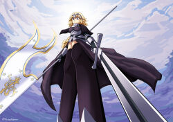 Rule 34 | 1girl, armor, armored dress, blonde hair, braid, capelet, cloud, cloudy sky, fate/apocrypha, fate/grand order, fate (series), flag, gauntlets, headpiece, highres, holding, holding flag, holding polearm, holding weapon, jeanne d&#039;arc (fate), jeanne d&#039;arc (ruler) (fate), kitsuneharmony, long braid, looking at viewer, polearm, purple eyes, sky, solo, sword, thighhighs, weapon