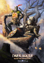Rule 34 | 2boys, armor, artist name, bare tree, breastplate, cauldron, cliff, cloud, commentary, copyright name, cup, dark souls (series), dark souls i, day, full armor, full body, gauntlets, greatsword, greaves, helmet, highres, holding, holding cup, holding sword, holding weapon, knight, looking away, male focus, michele giorgi, mug, multiple boys, over shoulder, pauldrons, plume, shield, shoulder armor, siegmeyer of catarina, sitting, solaire of astora, steam, sun symbol, sword, tabard, tree, watermark, weapon, web address, zweihander