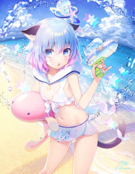 Rule 34 | 1girl, animal ears, beach, bikini, blue eyes, blue hair, breasts, chestnut mouth, cloud, commentary request, day, gradient hair, highres, holding, holding stuffed toy, holding water gun, looking at viewer, multicolored hair, navel, nekokan masshigura, ocean, original, pink hair, ribbon, short hair, signature, sky, small breasts, solo, standing, stomach, stuffed animal, stuffed toy, swimsuit, tail, tail ornament, tail ribbon, twitter username, two-tone hair, water, water gun, white bikini