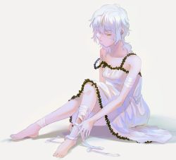 Rule 34 | 1girl, 64kawa4, bandaged ankle, bandaged arm, bandaged leg, bandages, barefoot, claudia hortensia, dress, eyepatch, fate/stay night, fate (series), frown, highres, injury, lace, lace-trimmed dress, lace trim, looking down, medium hair, no bra, off shoulder, sad, sitting, solo, wavy hair, white dress, white hair, yellow eyes