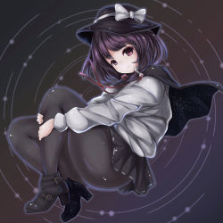 Rule 34 | 1girl, ankle boots, asymmetrical footwear, black background, black capelet, black footwear, black pantyhose, black skirt, boots, capelet, commentary request, hat, hat ribbon, head tilt, highres, hugging own legs, long sleeves, looking at viewer, microskirt, mismatched footwear, neck ribbon, pantyhose, purple eyes, purple hair, red ribbon, ribbon, shirt, short hair, skirt, sleeping ear, smile, solo, star trail, starry sky print, touhou, usami renko, white shirt
