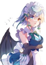 Rule 34 | 1girl, absurdres, adapted costume, apron, arm under breasts, bad id, bad pixiv id, bat wings, black wings, blue eyes, blue skirt, blue vest, commentary request, demon girl, elbow gloves, frilled skirt, frills, fusion, gloves, hayura soyo, heterochromia, highres, izayoi sakuya, maid, maid apron, maid headdress, open mouth, pocket watch, red eyes, remilia scarlet, short sleeves, skirt, touhou, vest, waist apron, watch, white apron, wings