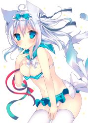 Rule 34 | 1girl, ahoge, animal ears, bare arms, bare shoulders, bikini, blue bow, blue eyes, blue sailor collar, blush, bow, bowtie, breasts, cat ears, cat tail, cleavage, cowboy shot, eyebrows, frilled bikini, frills, hair between eyes, hair bow, hair ribbon, hand up, leaning forward, looking at viewer, medium breasts, navel, original, parted lips, ribbon, sailor collar, satsuki mayuri, simple background, solo, standing, stomach, swimsuit, tail, thighhighs, white background, white bow, white bowtie, white hair, white thighhighs