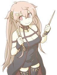 Rule 34 | 1girl, ahoge, akara kai, bare shoulders, black dress, black gloves, boots, breasts, brown eyes, cleavage, collarbone, cosplay, dagger, dress, dual wielding, fingerless gloves, flower, gloves, hair between eyes, hair flaps, hair flower, hair ornament, hairclip, heterochromia, highres, holding, holding knife, holding weapon, kantai collection, knife, large breasts, light brown hair, long hair, looking at viewer, looking to the side, murasame (kancolle), murasame kai ni (kancolle), red eyes, simple background, solo, spy x family, stiletto (weapon), thigh boots, two side up, weapon, white background, yor briar, yor briar (cosplay)
