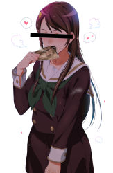Rule 34 | 1girl, bad id, bad pixiv id, bar censor, blush, braid, brown hair, brown skirt, buttons, censored, colored skin, covering own mouth, cowboy shot, double-breasted, drooling, facing viewer, green neckerchief, hair ornament, heart, hibike! euphonium, highres, holding, identity censor, ikuchan kaoru, long hair, long sleeves, money, multicolored skin, neckerchief, nose blush, pleated skirt, saliva, school uniform, serafuku, shade, side braid, sidelocks, simple background, single braid, skirt, solo, souga yoriko, sparkle, spoken heart, stain, stained clothes, standing, steam, straight hair, sweat, swept bangs, tucked money, white background, yen