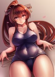 Rule 34 | 10s, 1girl, alternate costume, bad id, bad pixiv id, bare shoulders, blush, breasts, brown hair, cherry blossoms, collarbone, covered navel, cowboy shot, headgear, highres, hrtyuk, kantai collection, large breasts, long hair, looking at viewer, one-piece swimsuit, petals, pink eyes, school swimsuit, solo, swimsuit, very long hair, yamato (kancolle)