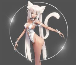 Rule 34 | 1girl, ankkoyom, bad id, bad pixiv id, bare shoulders, breasts, cat, cat tail, cleavage, collarbone, commentary request, dark-skinned female, dark skin, fingernails, green eyes, grey background, highres, large breasts, long hair, looking at viewer, original, revealing clothes, sharp fingernails, simple background, slit pupils, solo, standing, tail, tan, very long fingernails, very long hair, white hair
