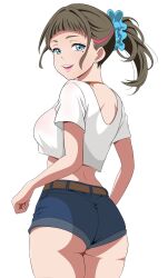 1girl ass blue_eyes blue_shorts breasts brown_hair hair_ornament hair_scrunchie hideyoshi0808 highres looking_at_viewer looking_back love_live! love_live!_superstar!! mole mole_under_eye open_mouth ponytail scrunchie shirt shorts smile tang_mengmeng underbutt white_shirt