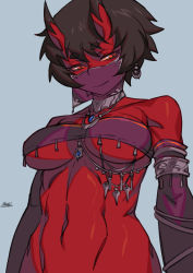 Rule 34 | 1girl, bandeau, black hair, blue background, breasts, colored skin, detached sleeves, earrings, harem outfit, horns, jewelry, kidouko (zakusi), linea alba, long sleeves, looking at viewer, mouth veil, navel, necklace, oni, orange eyes, original, red oni, red skin, short hair, signature, simple background, slit pupils, smile, solo, strapless, toned, tube top, underboob, upper body, veil, zakusi