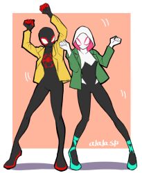 Rule 34 | 1boy, 1girl, arms up, artist name, ballet slippers, black bodysuit, bodysuit, border, breasts, clenched hands, commentary, cross-laced footwear, dancing, green footwear, green jacket, highres, hood, hood up, jacket, marvel, mask, motion lines, multicolored bodysuit, multicolored clothes, outside border, pink background, pink bodysuit, shadow, side-by-side, small breasts, spider-gwen, spider-man: into the spider-verse, spider-man (miles morales), spider-man (series), spider-verse, sushi pizza rrr, thigh gap, tiptoes, two-sided fabric, w arms, white bodysuit, white border, yellow jacket