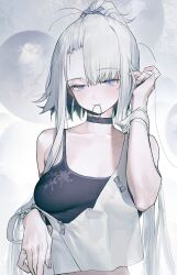 Rule 34 | 1girl, absurdres, bare shoulders, black choker, black sports bra, blue eyes, blush, breasts, choker, closed mouth, collarbone, crop top, grey hair, gua61, hair tie, hair tie in mouth, half-closed eyes, hand up, highres, jewelry, looking at viewer, medium breasts, mouth hold, original, playing with own hair, shirt, short hair with long locks, short ponytail, sidelocks, solo, sports bra, upper body