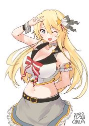 Rule 34 | 1girl, arm behind back, artist name, black sailor collar, blonde hair, blue eyes, breasts, cleavage, cowboy shot, dated, grey skirt, highres, idol, iowa (kancolle), kantai collection, large breasts, midriff, navel, one-hour drawing challenge, owa (ishtail), sailor collar, shirt, simple background, skirt, sleeveless, sleeveless shirt, solo, standing, star-shaped pupils, star (symbol), symbol-shaped pupils, v, white background, white shirt, wrist cuffs