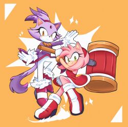 Rule 34 | 2girls, ame (beeames), amy rose, blaze the cat, blush, cat girl, dress, eyelashes, forehead jewel, fur-trimmed footwear, fur-trimmed gloves, fur trim, furry, furry female, gloves, gold necklace, green eyes, hairband, hammer, highres, jacket, jewelry, looking at viewer, multiple girls, necklace, pants, pink footwear, pink fur, ponytail, purple fur, purple jacket, red dress, red footwear, sonic (series), white pants, yellow eyes
