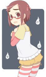 Rule 34 | 00s, 1girl, blush, brown eyes, brown hair, child, eyebrows, flat chest, glasses, kaidan restaurant, looking back, oozora ako, oza watto, short hair, solo, striped clothes, striped thighhighs, thighhighs