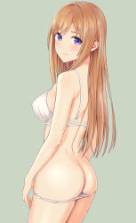 Rule 34 | 1girl, ass, banned artist, blush, bra, brown hair, closed mouth, commentary request, cowboy shot, from behind, green background, long hair, looking at viewer, looking back, n.g., original, paid reward available, panties, panty pull, purple eyes, simple background, smile, solo, standing, straight hair, swept bangs, underwear, white bra, white panties