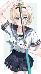 1girl absurdres blonde_hair blue_eyes blue_necktie blue_sailor_collar blue_skirt blush closed_mouth highres holding holding_sword holding_weapon hololive kazama_iroha kazama_iroha_(school_uniform) looking_at_viewer mino_(miiiinon611) necktie official_alternate_costume sailor_collar shirt short_hair skirt smile solo sword virtual_youtuber weapon white_background white_shirt