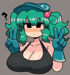 Rule 34 | 1girl, ?, black eyes, black sports bra, blue gloves, blue headwear, blush, breasts, cleavage, closed mouth, commentary, double v, expressionless, gloves, grey background, hair bobbles, hair ornament, hat, highres, kawashiro nitori, kawashiro nitori (notnoe), large breasts, medium hair, no pupils, notnoe (dxcl), simple background, sports bra, symbol-only commentary, touhou, two side up, upper body, v