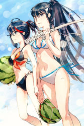 Rule 34 | 2girls, adapted costume, alternate costume, arm at side, armpit crease, arms at sides, bare arms, bare legs, bikini, black bikini, black hair, blue eyes, blue sky, bow, breasts, carrying, carrying over shoulder, carrying under arm, collarbone, day, dutch angle, feet out of frame, food, fruit, groin tendon, hair between eyes, hair ornament, hairclip, halterneck, high ponytail, holding, holding food, holding sword, holding weapon, junketsu, katana, kill la kill, kiryuuin satsuki, large breasts, lens flare, looking afar, matoi ryuuko, medium breasts, multicolored hair, multiple girls, navel, outdoors, ponytail, red bow, red hair, ren mizuha, senketsu, serious, short ponytail, siblings, side-by-side, side-tie bikini bottom, sideboob, sidelocks, sisters, sky, standing, stomach, streaked hair, string bikini, swimsuit, sword, tassel, thick eyebrows, tsurime, walking, water drop, watermelon, weapon, white bikini