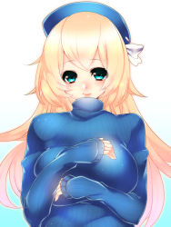 Rule 34 | 10s, 1girl, atago (kancolle), bad id, bad pixiv id, blonde hair, blue eyes, blush, breasts, hat, highres, kantai collection, large breasts, long hair, long sleeves, looking at viewer, personification, ribbed sweater, smile, solo, sweater, turtleneck, yutazou