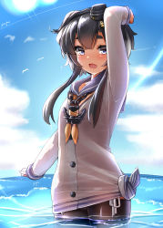 Rule 34 | 1girl, absurdres, anchor, bird, black hair, black pantyhose, blue eyes, blush, bound, buttons, cloud, day, dress, fang, hairband, hat, headgear, highres, kantai collection, long sleeves, lowleg, lowleg pantyhose, mini hat, neckerchief, open mouth, outdoors, panties, pantyhose, sailor collar, sailor dress, see-through, shirt, short hair with long locks, side-tie panties, side-tie peek, signature, skin fang, sky, solo, thick eyebrows, tied shirt, tied up, tokitsukaze (kancolle), underwear, water, wet, wet clothes, white panties, yellow neckerchief, yufuissei0702