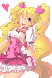 Rule 34 | 00s, 1girl, ;d, bad id, bad pixiv id, blonde hair, bow, corset, cure peach, dress, eyelashes, fresh precure!, hair ornament, heart, heart hair ornament, long hair, magical girl, magister, momozono love, one eye closed, open mouth, pink bow, pink eyes, precure, smile, solo, twintails, very long hair, watermark, web address, white background, wink, wrist cuffs