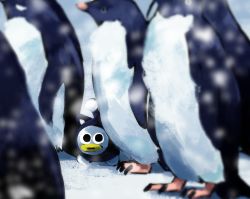 Rule 34 | animal, antennae, beak, bird, blurry, blurry background, commentary, day, english commentary, highres, itemlabel, looking at viewer, nature, no humans, oui oui, outdoors, penguin, snow, snowing, standing, walking, woosh-floosh