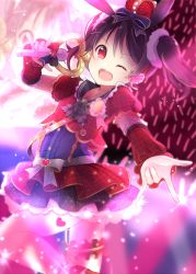 Rule 34 | 1girl, 2019, artist name, artist request, black hair, blush, bow, crown, dress, female focus, heart, holding, holding microphone, looking at viewer, love live!, love live! school idol festival, love live! school idol project, microphone, multicolored clothes, multicolored skirt, one eye closed, red bow, red dress, red eyes, ribbon, sailor collar, sing, skirt, solo, twintails, w, yazawa nico