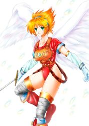 Rule 34 | 1girl, angel wings, armor, blonde hair, boots, breath of fire, breath of fire i, closed mouth, collarbone, elbow gloves, feathered wings, gloves, green eyes, hairband, highres, holding, holding sword, holding weapon, knee boots, kurotada, leotard, looking at viewer, nina (breath of fire i), red leotard, short hair, simple background, smile, solo, sword, thighhighs, weapon, white background, white wings, wings