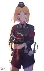 Rule 34 | 1girl, absurdres, armband, backlighting, black hat, black jacket, black necktie, blonde hair, blood, blood on clothes, blood on face, bloody weapon, breasts, brown hair, clenched teeth, collared shirt, commentary, cowboy shot, cross, frown, gar32, garrison cap, girls&#039; frontline, gun, hat, highres, holding, holding gun, holding weapon, iron cross, jacket, long sleeves, mini hat, mp40, mp40 (girls&#039; frontline), name connection, necktie, object namesake, shirt, short hair, signature, simple background, small breasts, smoke, solo, submachine gun, teeth, weapon, white background, white shirt, wide-eyed
