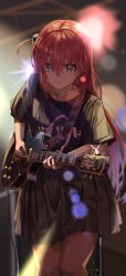 Rule 34 | 1girl, absurdres, black shirt, black skirt, blue eyes, bocchi the rock!, closed mouth, collarbone, cube hair ornament, electric guitar, gotoh hitori, guitar, hair between eyes, hair ornament, highres, holding, holding instrument, instrument, long hair, nappi0110, shirt, short sleeves, skirt, solo, standing, sweatdrop
