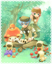 Rule 34 | 1boy, 1girl, :3, apple, azel (rune factory), belt, beret, blue eyes, blush, blush stickers, bow, bowtie, cherry, chestnut, finger to mouth, food, forest, fruit, grapes, green eyes, harvest moon, hat, indian style, kawazoe mariko, leaning, leaning forward, long sleeves, monster, mushroom, nature, onigiri, orange (fruit), pants, parted bangs, parted lips, pink hair, puffy sleeves, rice, rune factory, rune factory oceans, short hair, silver hair, sitting, smile, sonia (rune factory), spiked hair
