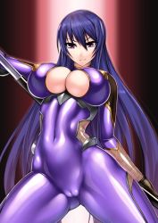 Rule 34 | 1girl, akiyama rinko, blue hair, blush, bodysuit, breasts, cameltoe, cleavage, cleavage cutout, clothing cutout, covered erect nipples, covered navel, cowboy shot, female focus, fishnets, gloves, gradient background, hair between eyes, holding, holding weapon, katana, large breasts, legs apart, light smile, long hair, looking at viewer, ninja, purple bodysuit, purple eyes, rindou (radical dream), sheath, shiny clothes, skin tight, smile, solo, sword, taimanin (series), taimanin suit, taimanin yukikaze, thighhighs, unsheathing, very long hair, weapon
