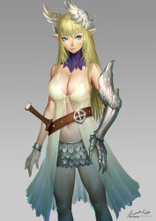 Rule 34 | 1girl, ariverkao, armor, belt, blonde hair, blue eyes, bracelet, breasts, claws, cleavage, dress, elbow gloves, elf, female focus, gloves, jewelry, large breasts, long hair, looking at viewer, metal gloves, midriff, navel, no bra, open clothes, open dress, original, pointy ears, signature, single glove, skirt, solo, sword, very long hair, weapon, white dress