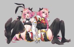 Rule 34 | 2boys, absurdres, animal ears, armor, ass, astolfo (fate), astolfo (saber) (fate), bare shoulders, bow, bowtie, commentary request, detached sleeves, fake animal ears, fang, fate/apocrypha, fate/grand order, fate (series), foot focus, full body, gloves, grey background, hair between eyes, hair bow, haoro, highres, looking at viewer, midriff, multicolored hair, multiple boys, navel, open mouth, panties, pink hair, rabbit ears, simple background, sitting, skin fang, smile, streaked hair, thighhighs, tongue, trap, two-tone hair, underwear, white hair