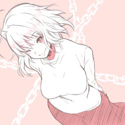 Rule 34 | 1girl, :&gt;, ahoge, arcueid brunestud, arms behind back, auru t, blush, breasts, chain, commentary request, eyebrows, hair between eyes, large breasts, long skirt, looking at viewer, looking up, monochrome, one eye closed, short hair, simple background, skirt, smile, solo, sweater, tsukihime, turtleneck, turtleneck sweater