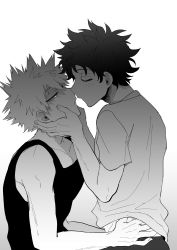 Rule 34 | 2boys, absurdres, bakugou katsuki, black tank top, boku no hero academia, closed eyes, freckles, gradient background, greyscale, hand under clothes, hand under shirt, highres, holding another&#039;s head, imminent kiss, looking at another, male focus, midoriya izuku, monochrome, multiple boys, rapiko, shirt, simple background, spiked hair, tank top, torso grab, white background, yaoi