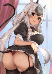 Rule 34 | 1girl, ass, bare arms, black eyes, black hair, blush, breasts, character request, clothes lift, clothes pull, commission, copyright request, demon girl, demon tail, frills, furrowed brow, garter straps, heart, heart-shaped pupils, highres, horns, izumi kei, large breasts, leaning forward, lingerie, looking at viewer, looking back, maid, multicolored hair, open mouth, panties, parted lips, pointy ears, red panties, silver hair, skeb commission, skindentation, skirt, skirt lift, smile, standing, straight hair, symbol-shaped pupils, tail, thighhighs, underwear, window