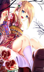 Rule 34 | 1girl, :d, bare tree, blonde hair, blue eyes, braid, candy apple, food, hair ornament, highres, holding, japanese clothes, kimono, legs, looking at viewer, obi, open mouth, original, red kimono, sash, sidelocks, simple background, sitting, smile, solo, teeth, thighs, tree, white background, yan (nicknikg)